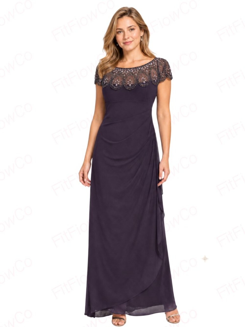 Xscape Plum Embellished Evening Gown Size 6P Beaded Illusion Neckline Maxi